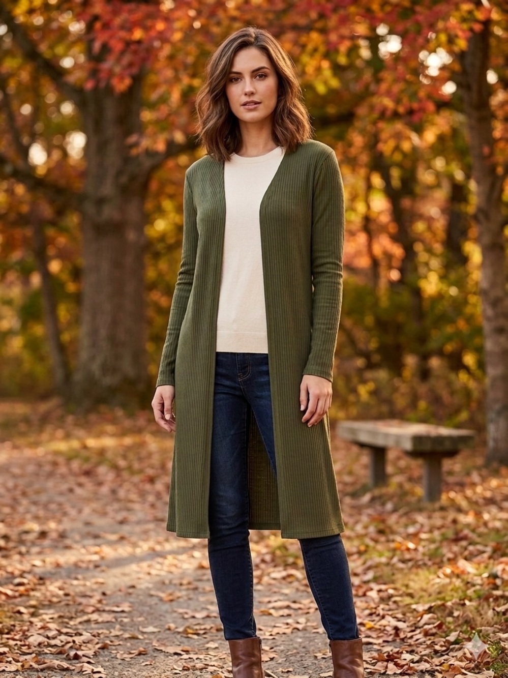 Clio silk blend Olive Green Long Ribbed Open-Front Cardigan